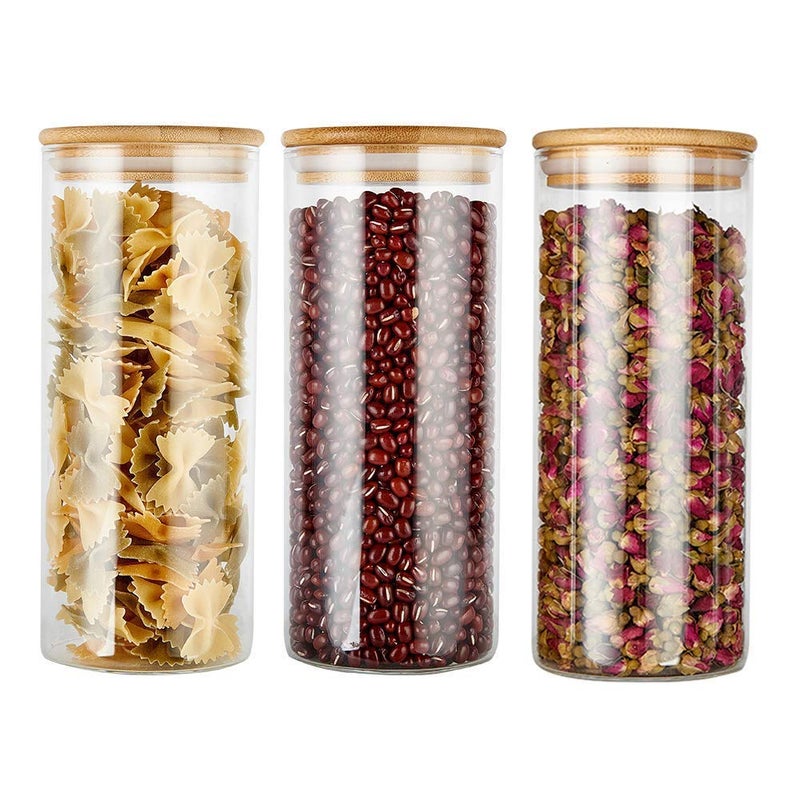 NVRA 1400ml Kitchen Storage Borosilicate Glass Jar And Container Pack of 6 Transparent Container with Air Tight Bamboo Wooden Lid BPA Free Storage Jar Multipurpose Jar - Image 1