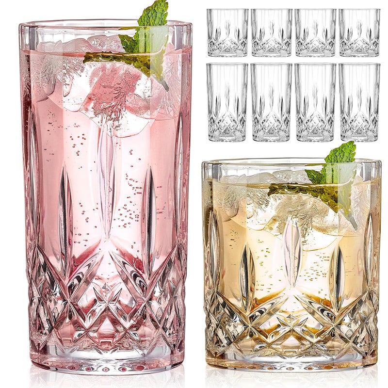 Qipecedm Drinking Glasses 8 Piece Crystal Glass Cups Mixed Glassware Set 4 pcs Crystal Old Fashioned 11oz Highballs and 4 pcs 11oz Whiskey Glasses Great for Cocktail Whisky and other Beverages