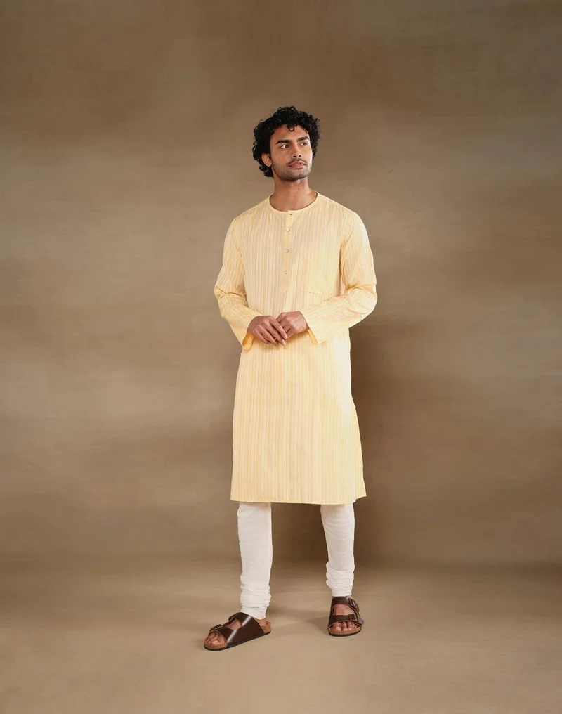 Fabindia Yellow Cotton Stripe Long Kurta