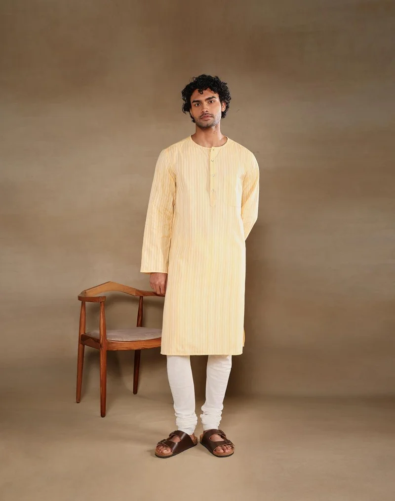 Fabindia Yellow Cotton Stripe Long Kurta