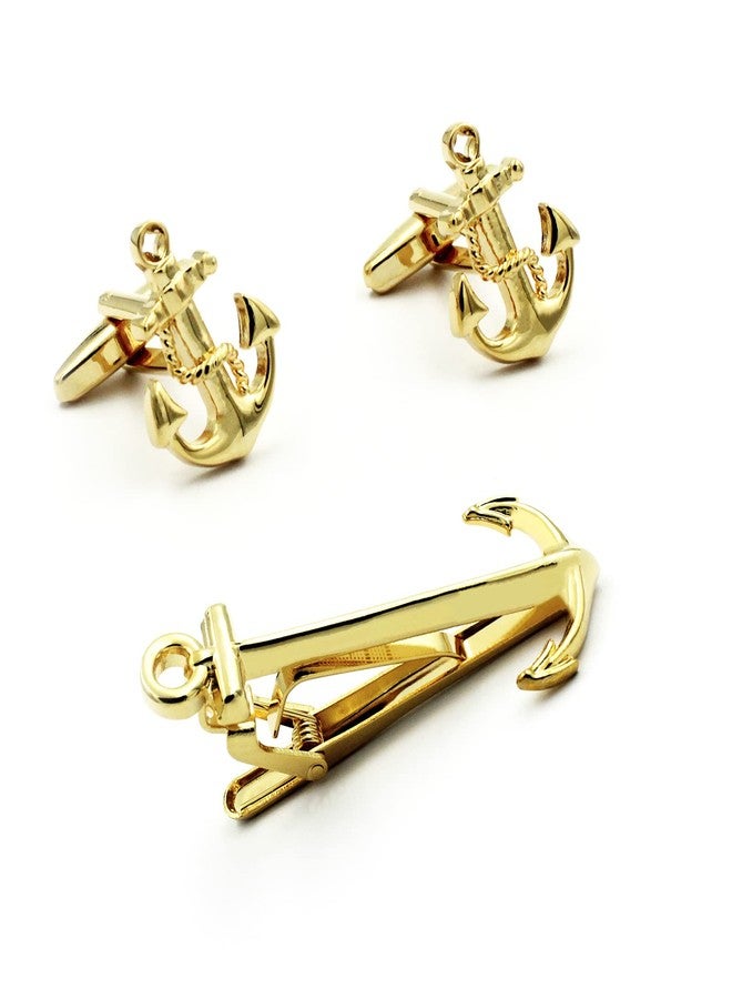 Vcufflinks Sailing Boat Yacht Anchor Shirt Gold Tie Clip and Cufflinks Set - Image 1