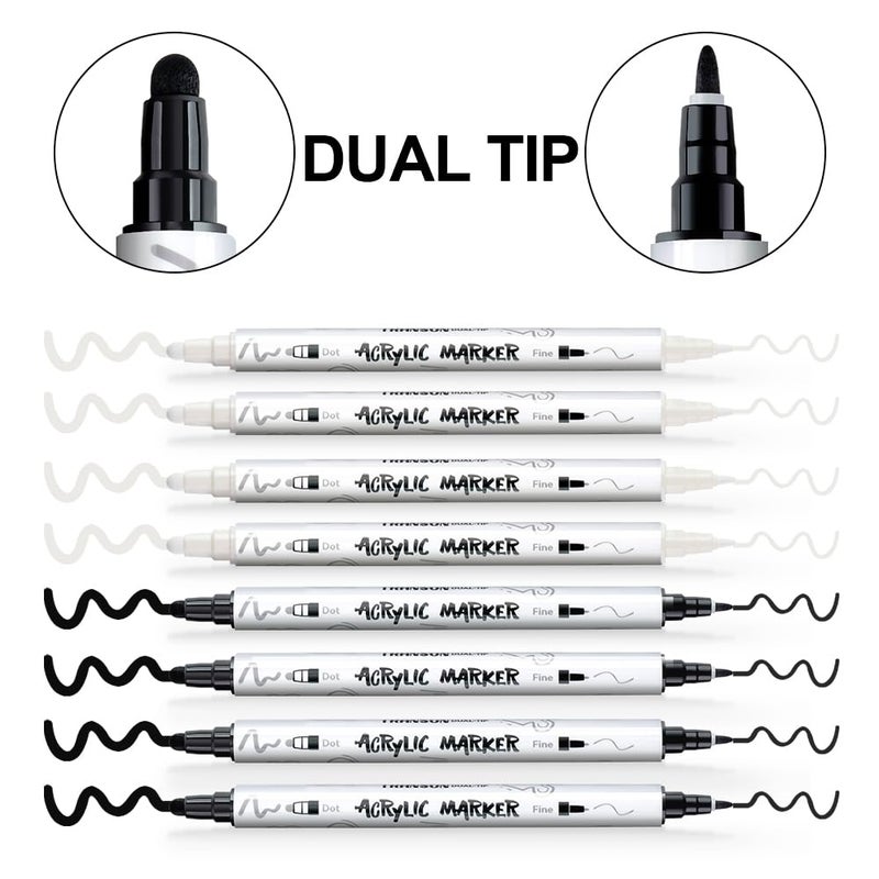 TRANSON 4 Black and 4 White Paint Markers Bold and Fine Dual-tip Acrylic Paint Marker Set for Rock Painting Glass Canvas Wood Leather Ceramic Painting - Image 4