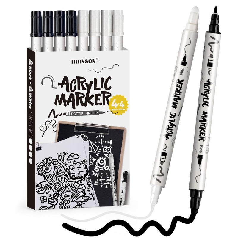 TRANSON 4 Black and 4 White Paint Markers Bold and Fine Dual-tip Acrylic Paint Marker Set for Rock Painting Glass Canvas Wood Leather Ceramic Painting - Image 1