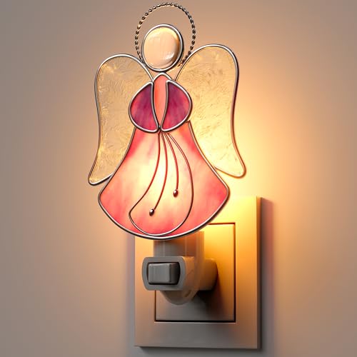 KUNDGLA Night Lights Plug into Wall,Stained Glass Pink Angel Plug in Night Light for Wall Socket Decorative Nightlight for Bedroom Hallway Kitchen Home Gifts for Mom Mother`s Day Birthday Christmas - Image 1
