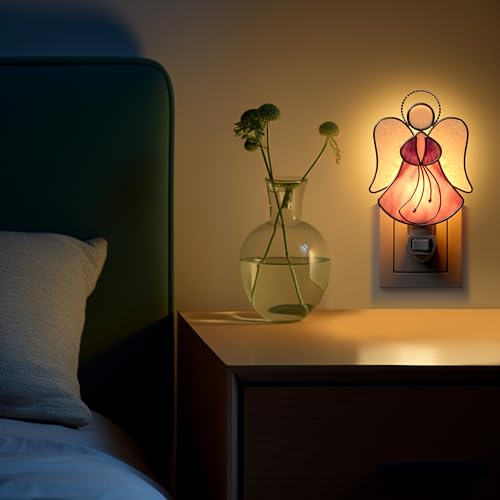 KUNDGLA Night Lights Plug into Wall,Stained Glass Pink Angel Plug in Night Light for Wall Socket Decorative Nightlight for Bedroom Hallway Kitchen Home Gifts for Mom Mother`s Day Birthday Christmas - Image 2