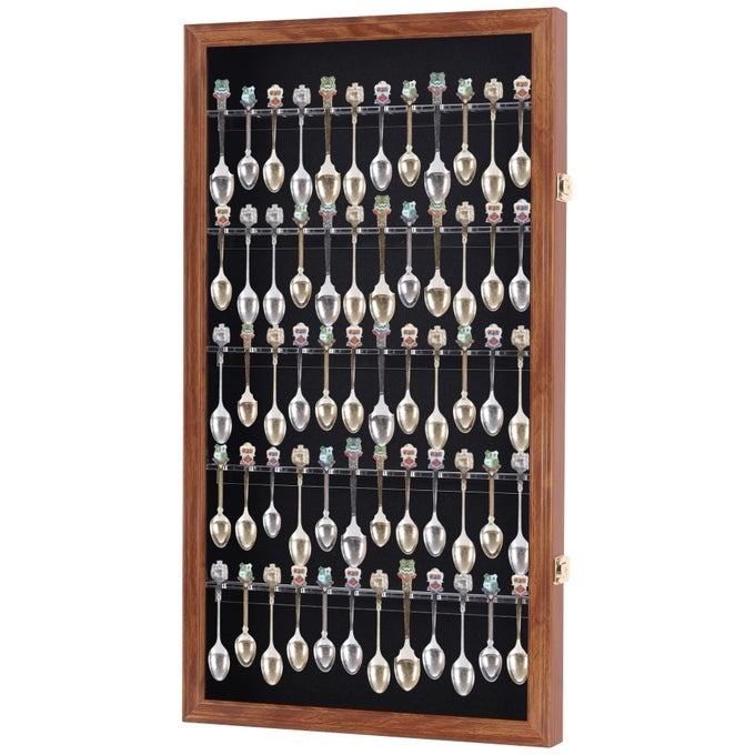 60 SOUVENIR SPOON TEA SPOON DISPLAY CASE RACK HOLDER WALL CABINET UV PROTECTION LOCKABLE WALNUT FINISH