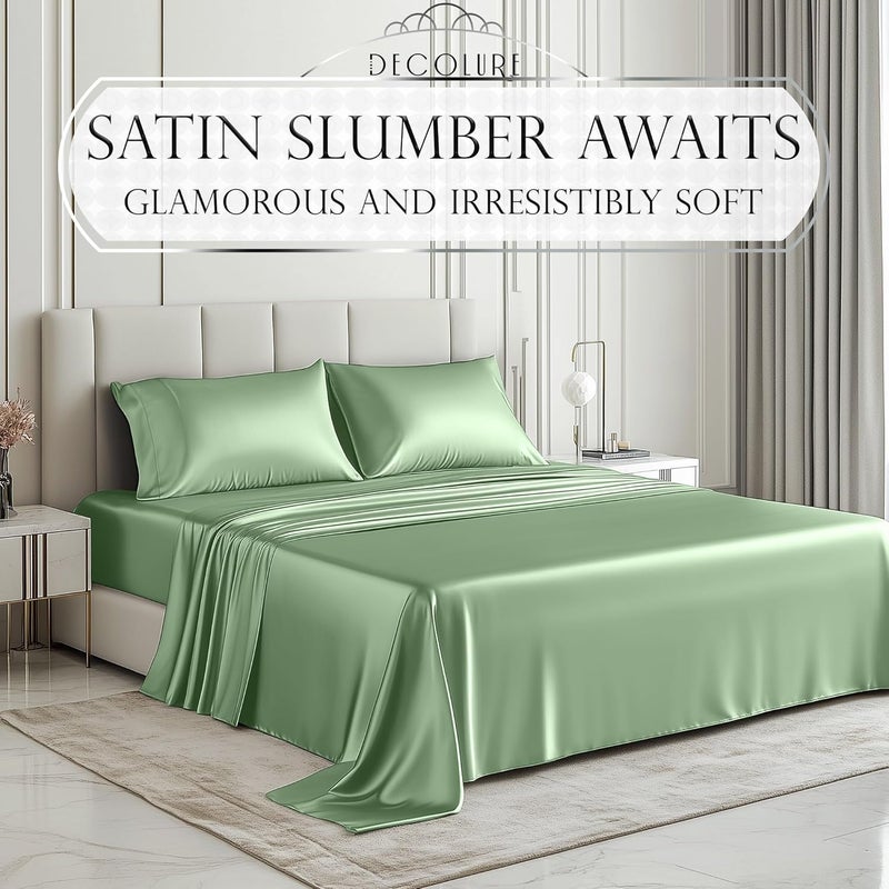 DECOLURE Satin Bed Sheets - 4 Piece Luxury Silky Queen Size Bedding Set - Softer Than Silk, Wrinkle-Free with 15” Deep Pocket Fitted Sheet, Perfect for Hair & Skin, Gifts for Women (Sage Green) - Image 2