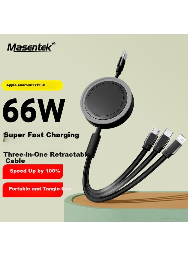 Masentek In-1 Retractable Data Cable Charging Line Fast Charge 66w One Drag Three Multi-head Multi-function Charger Usb For Apple Type-c Android Phone Car Black - Image 1