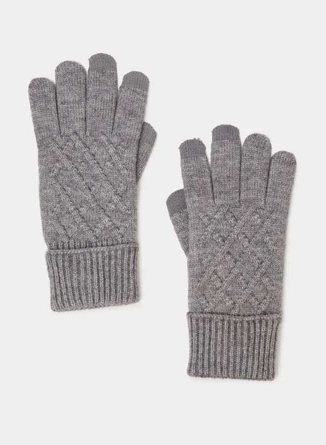 Styli Grey Textured Knitted Gloves