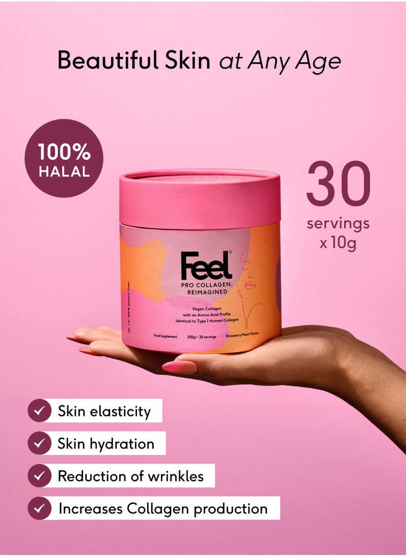 FEEL - Feel Pro Collagen Powder, Strawberry & Peach Flavour Collagen Supplement Drink, Vegan, Anti-Wrinkle Support, Increased Skin Elasticity, Revive and Support Hair And Nail Growth (30 Servings) - Image 1