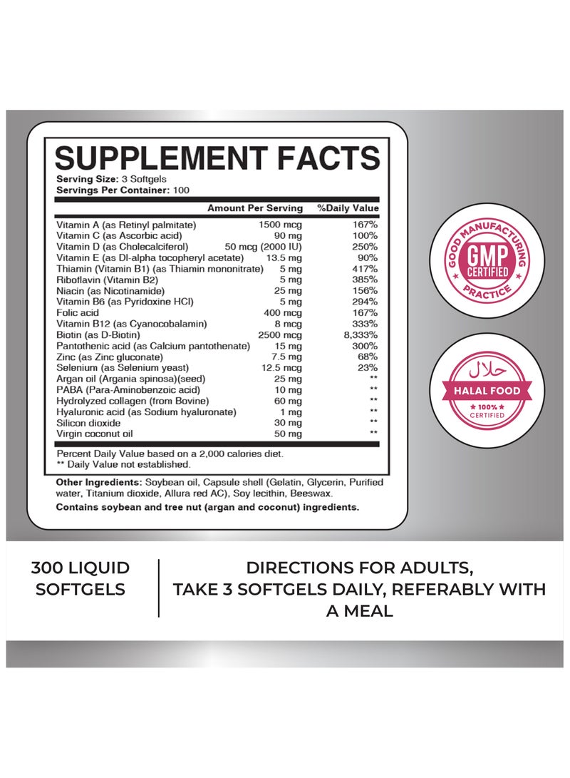 lilfull Hair, Skin & Nails - 300 Softgels | Enriched with Vitamins A, C, D3, E, B1, B2, B6, B9, B12, B7, B5 | Infused with Argan Oil, Coconut Oil & Collagen - Image 2