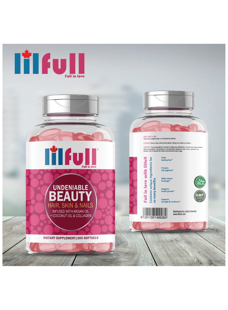 lilfull Hair, Skin & Nails - 300 Softgels | Enriched with Vitamins A, C, D3, E, B1, B2, B6, B9, B12, B7, B5 | Infused with Argan Oil, Coconut Oil & Collagen - Image 3