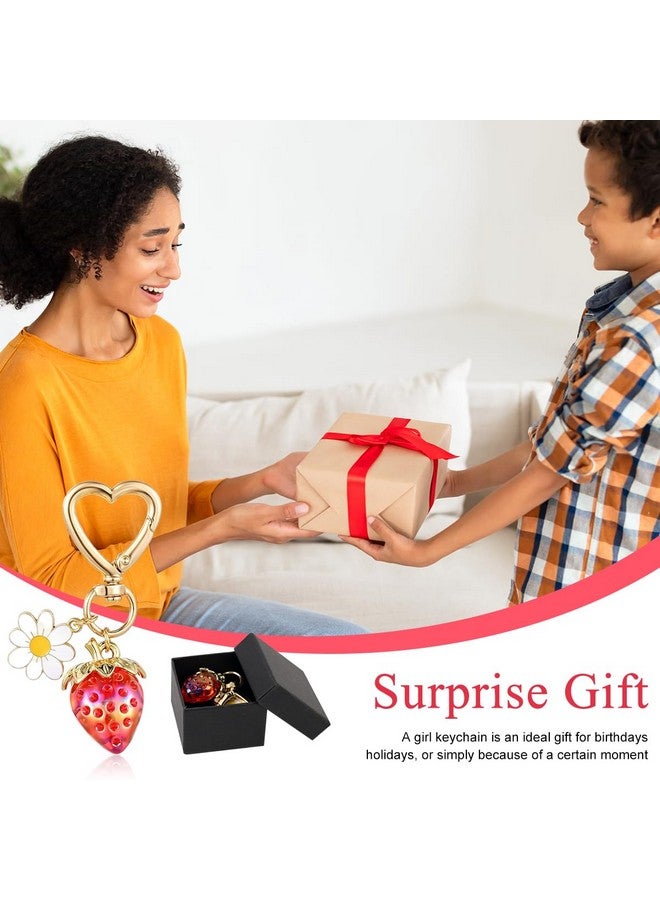 PALAY Strawberry Bag Charms Keychain with Gift Box Metal Heart Flower Daisy Cute Strawberry Key Chain Car Accessories Bag Charms for Handbags Purse Unique Birthday Gifts for Women,Girls,Black - Image 5