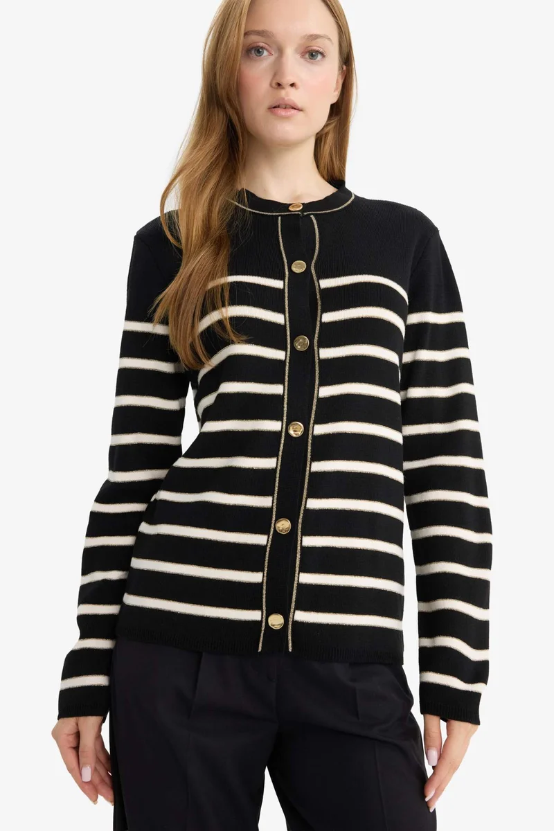 Defacto Regular Fit Crew Neck Striped Knit Cardigan