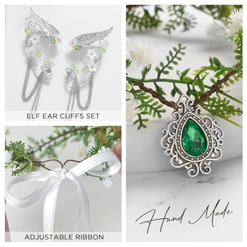 SWEETV Fairy Flower Hairband with Elf Ears, Halloween Fairy Headpiece for Women, Leaf Elf Circlet with Wings Cuff Earrings, Leaf Hairband Set for Photoshoot Cosplay Party (Green-Leaf-E, one size) - Image 5