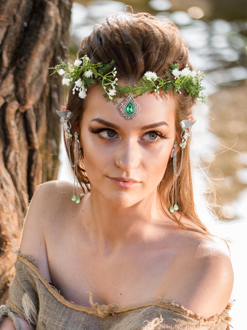 SWEETV Fairy Flower Hairband with Elf Ears, Halloween Fairy Headpiece for Women, Leaf Elf Circlet with Wings Cuff Earrings, Leaf Hairband Set for Photoshoot Cosplay Party (Green-Leaf-E, one size) - Image 2