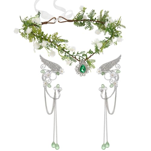 SWEETV Fairy Flower Hairband with Elf Ears, Halloween Fairy Headpiece for Women, Leaf Elf Circlet with Wings Cuff Earrings, Leaf Hairband Set for Photoshoot Cosplay Party (Green-Leaf-E, one size) - Image 1
