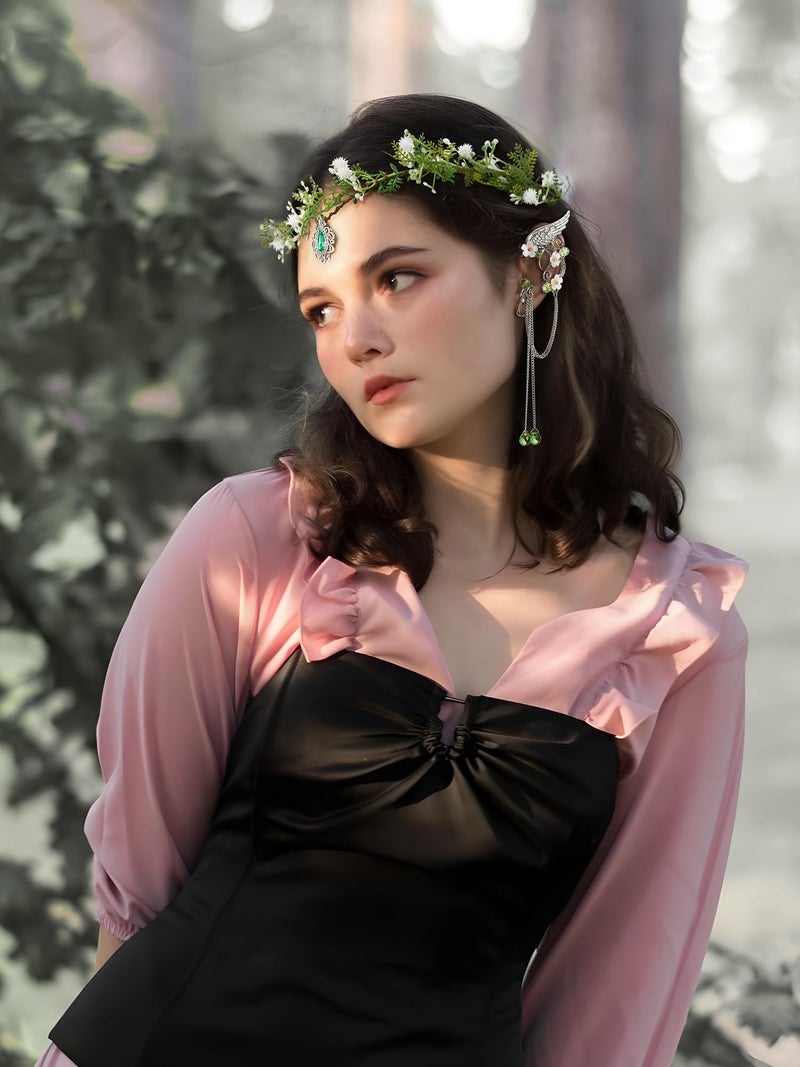 SWEETV Fairy Flower Hairband with Elf Ears, Halloween Fairy Headpiece for Women, Leaf Elf Circlet with Wings Cuff Earrings, Leaf Hairband Set for Photoshoot Cosplay Party (Green-Leaf-E, one size) - Image 4