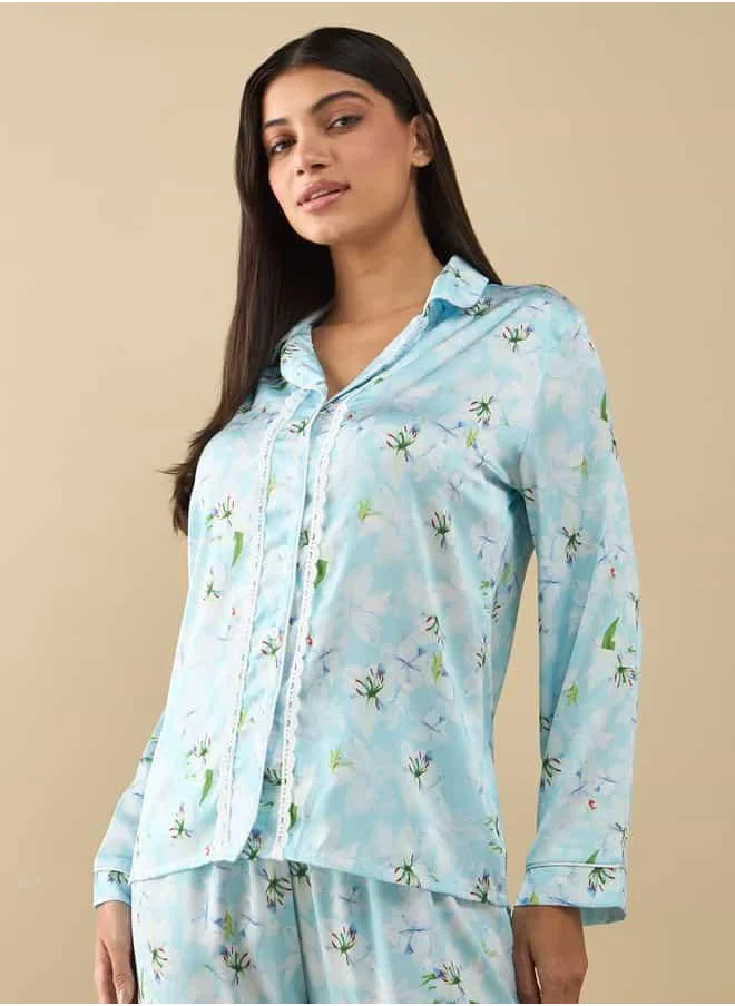 فاف All-Over Floral Print Laced Long Sleeve Shirt and Elasticated Pyjama Set