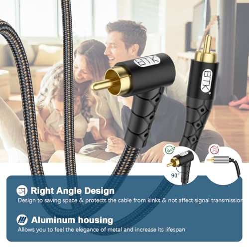 EMK 90 Degree RCA Subwoofer Cable 24K Gold-Plated Connector Nylon Braided Double Shielded – Support Digital & Analog Signals for Amplifier, Home Theater, Hi-Fi System,Subwoofer Black/15ft/5m - Image 4