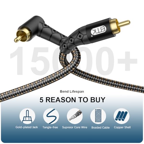 EMK 90 Degree RCA Subwoofer Cable 24K Gold-Plated Connector Nylon Braided Double Shielded – Support Digital & Analog Signals for Amplifier, Home Theater, Hi-Fi System,Subwoofer Black/15ft/5m - Image 5