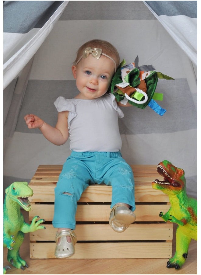 The Learning Lovey Baby Sensory Crinkle & Teething Square Lovey Toy With Closed Ribbon Tags For Increased Stimulation: 8X8 (Dinosaurs)  - Image 3