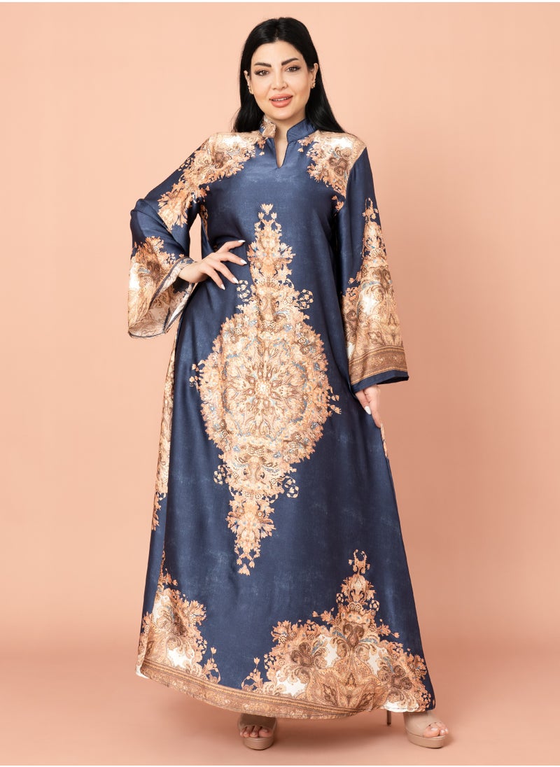 IKKXA Mandarin Collar Printed Jalabiya IK1011 Blue  - Image 1