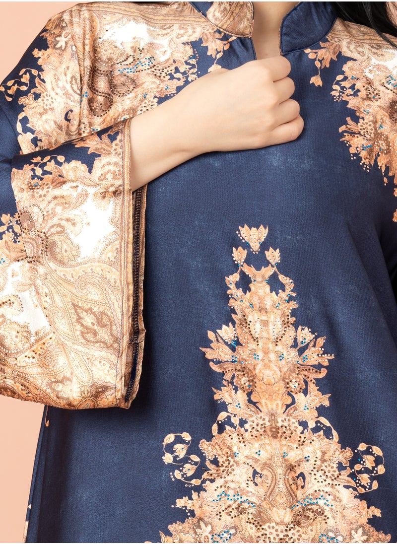 IKKXA Mandarin Collar Printed Jalabiya IK1011 Blue  - Image 2