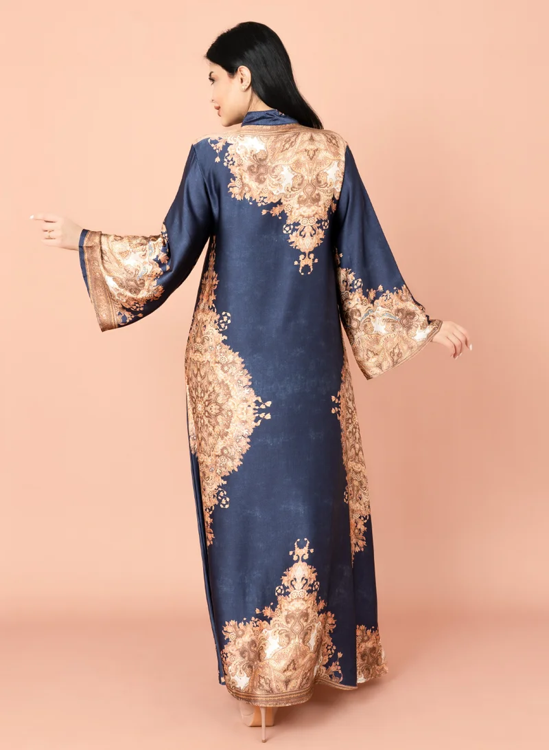 IKKXA Mandarin Collar Printed Jalabiya IK1011 Blue