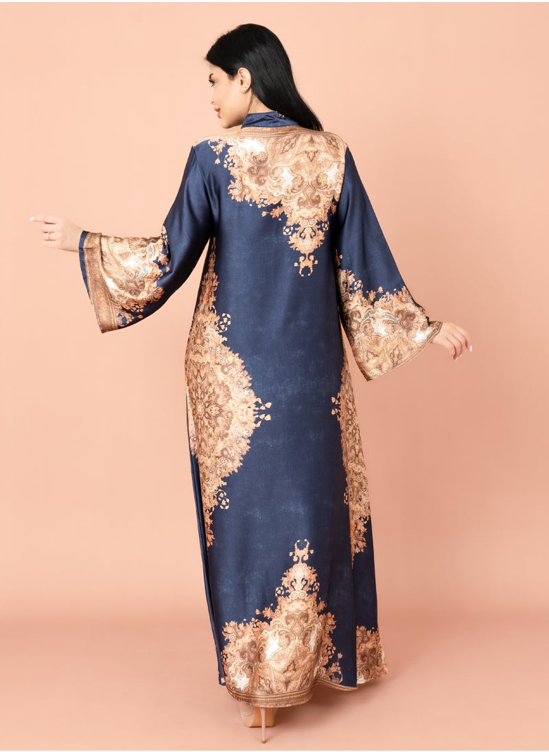 IKKXA Mandarin Collar Printed Jalabiya IK1011 Blue  - Image 4