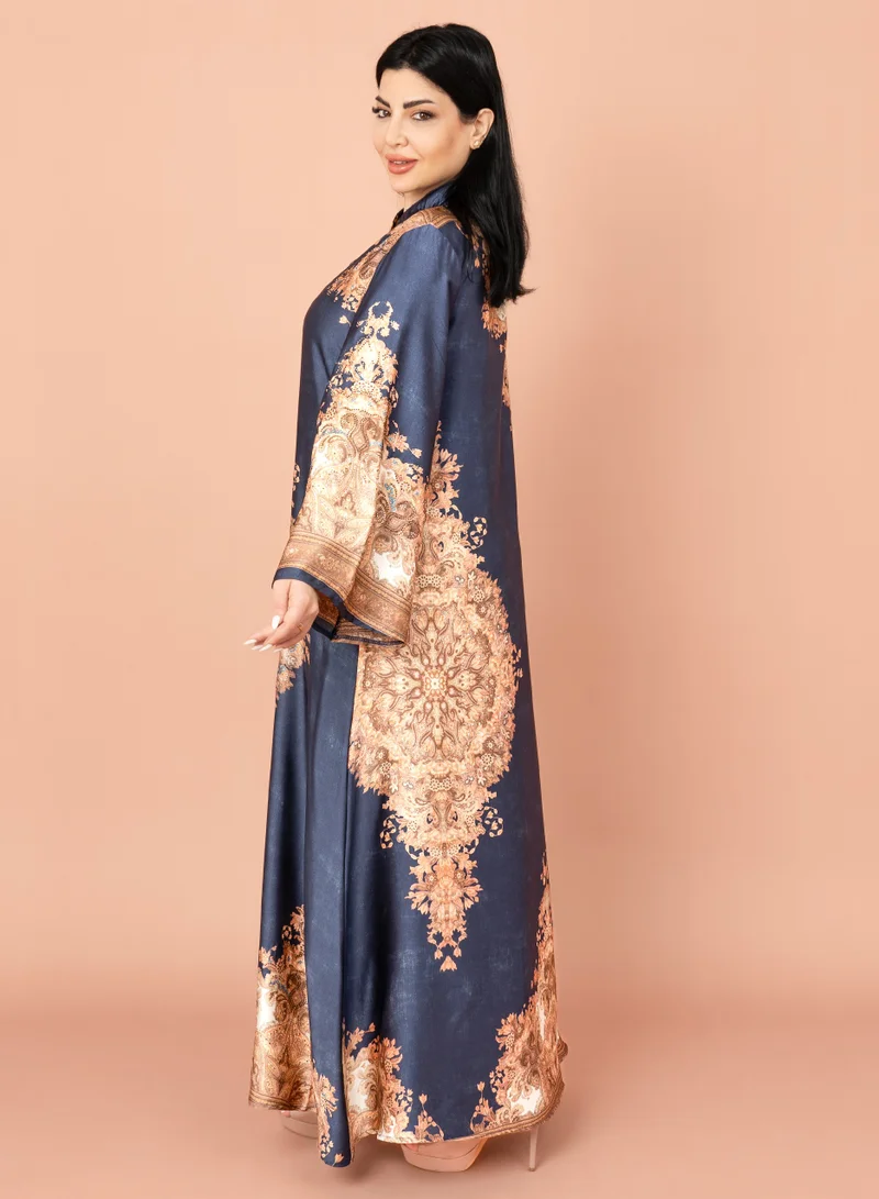 IKKXA Mandarin Collar Printed Jalabiya IK1011 Blue