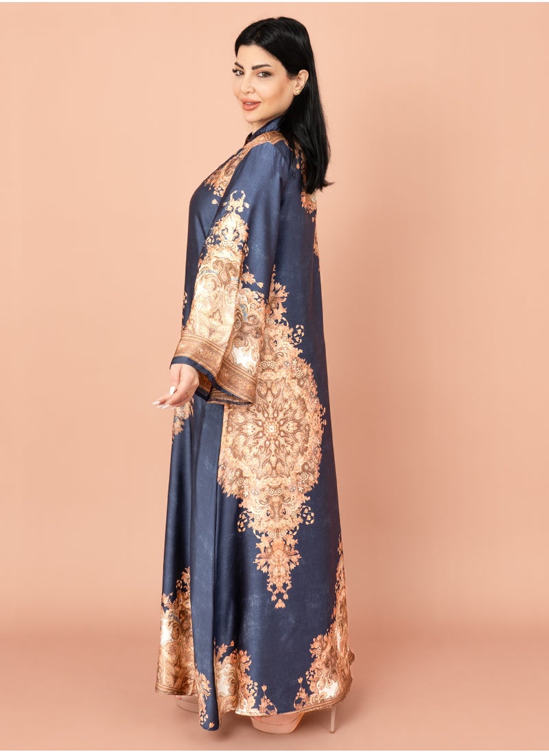 IKKXA Mandarin Collar Printed Jalabiya IK1011 Blue  - Image 3