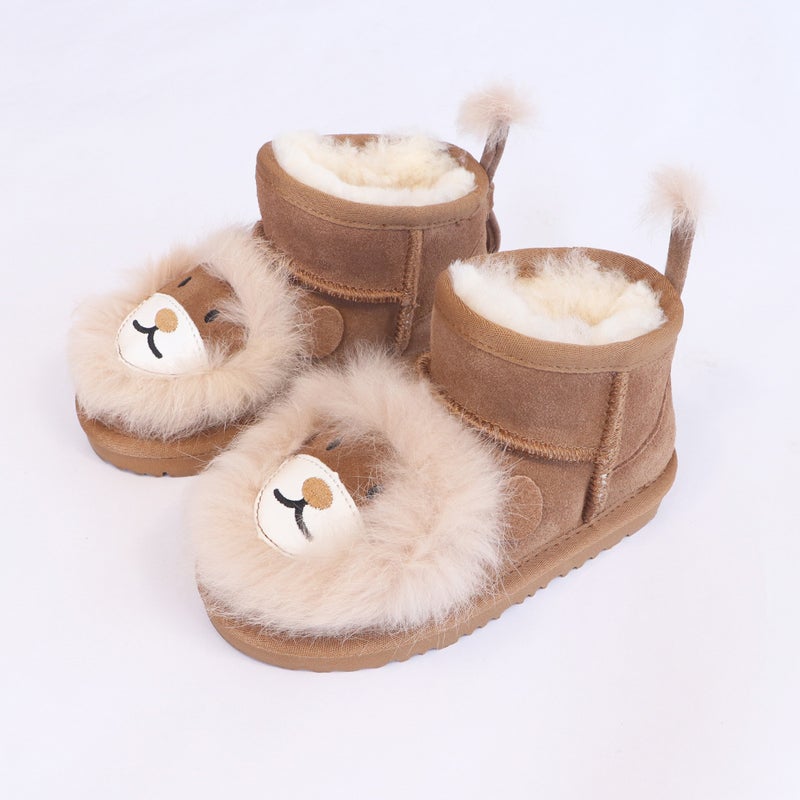 Children'S Cartoon Little Lion Genuine Leather Wool Thickeneded Winter Style Warm Anti-Slip Mid-Calf One-Piece Snow Boots Fleece-Lined - Image 1