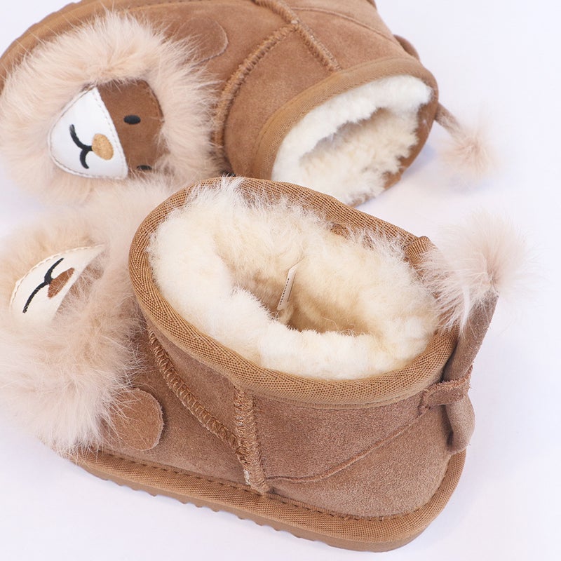 Children'S Cartoon Little Lion Genuine Leather Wool Thickeneded Winter Style Warm Anti-Slip Mid-Calf One-Piece Snow Boots Fleece-Lined - Image 5