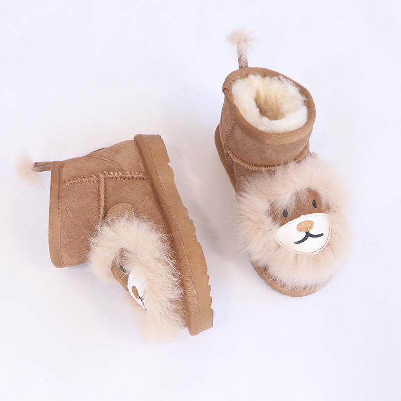 Children'S Cartoon Little Lion Genuine Leather Wool Thickeneded Winter Style Warm Anti-Slip Mid-Calf One-Piece Snow Boots Fleece-Lined - Image 4