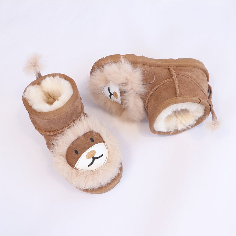 Children'S Cartoon Little Lion Genuine Leather Wool Thickeneded Winter Style Warm Anti-Slip Mid-Calf One-Piece Snow Boots Fleece-Lined - Image 3