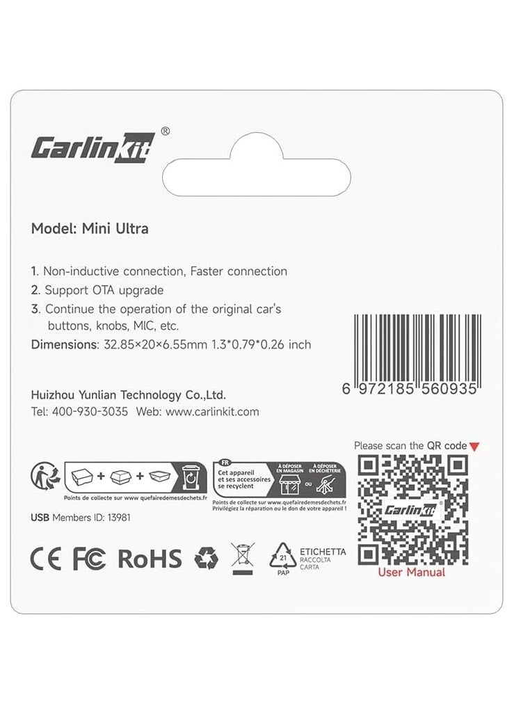 Carlinkit Mini Ultra, Wireless Carplay Adapter, For Cars With Built-in Apple Car Play & Android Auto, Convert Wired to Wireless CarPlay & Android Auto, with Type-A to C Converter, Support Bluetooth 5.4, OTA Update