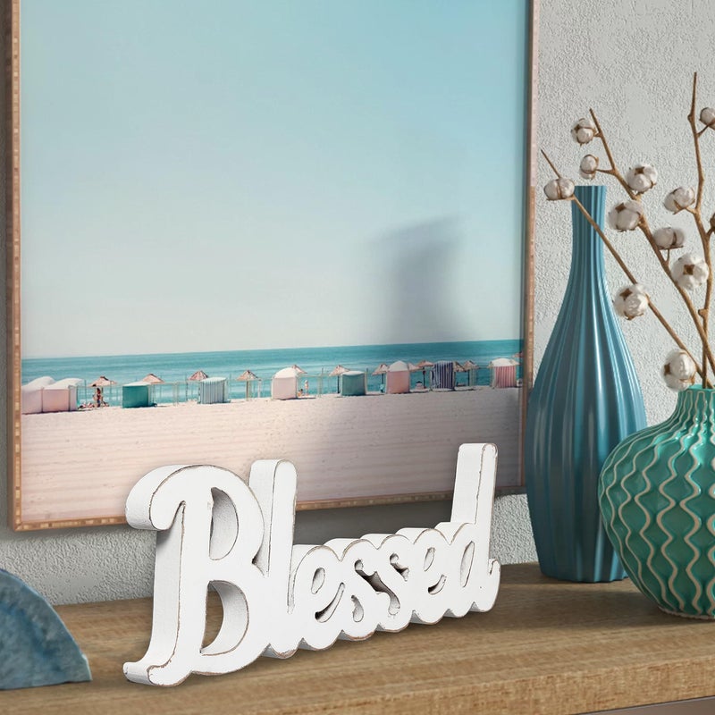 Sintosin Rustic White Wooden Blessed Sign for Tabletop 15 Inch, Wall Hanging Farmhouse Blessed Signs for Home Decor, Handmade Thanksgiving Signs Decor, Christmas Signs for Living Room Entryway - Image 4