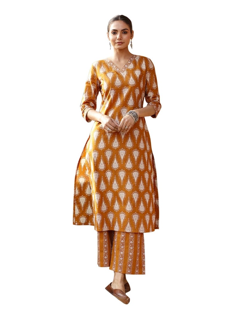 FIORRA Women's Mustard Cotton Printed Straight-Cut Kurta Set SET0186 - Image 1