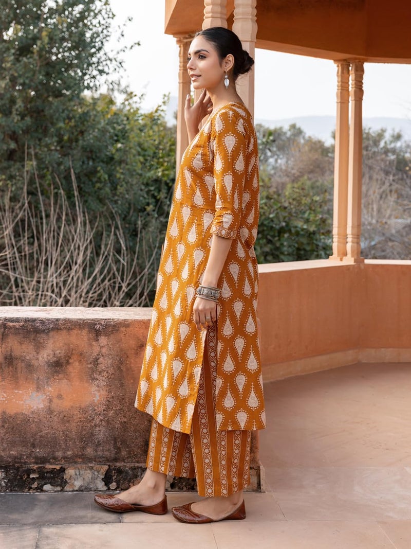 FIORRA Women's Mustard Cotton Printed Straight-Cut Kurta Set SET0186 - Image 4