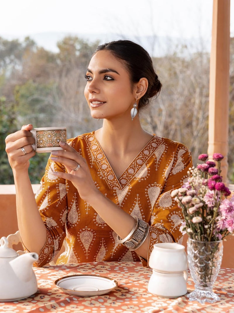 FIORRA Women's Mustard Cotton Printed Straight-Cut Kurta Set SET0186 - Image 5