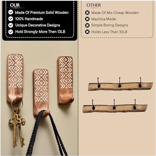 Indian-Shelf IndianShelf Boho Decorative Wood Adhesive Wall Hooks for Hanging Coats, Keys, Leash, Hat, Towel Holder, Cute Sticky Key Holder, White & Brown Western Wall Décor (3 Hooks 6 Strip) - Image 4