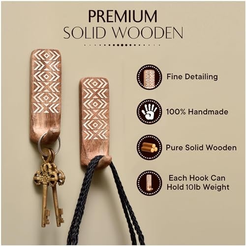Indian-Shelf IndianShelf Boho Decorative Wood Adhesive Wall Hooks for Hanging Coats, Keys, Leash, Hat, Towel Holder, Cute Sticky Key Holder, White & Brown Western Wall Décor (3 Hooks 6 Strip) - Image 5