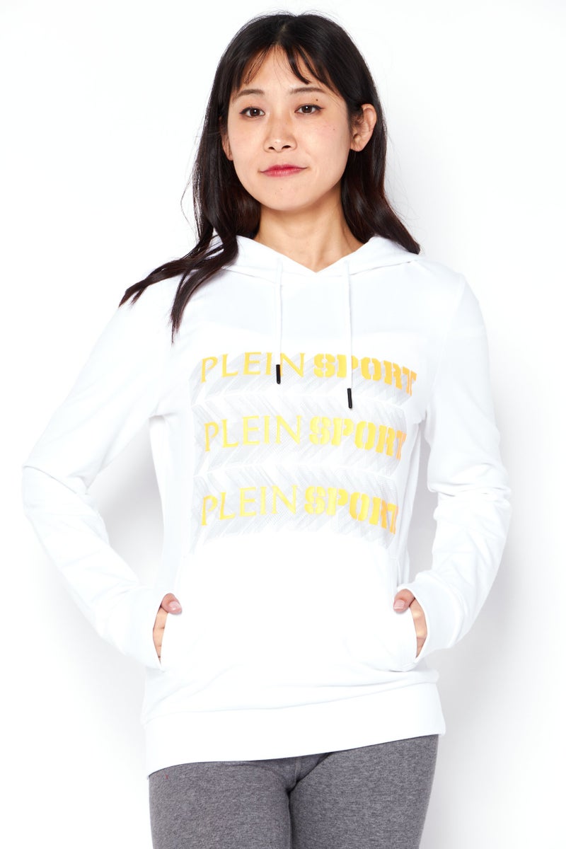 PHILIPP PLEIN سويت شيرت رياضي نسائي بغطاء رأس وطباعة جرافيك، مجموعة بيضاء - Image 1