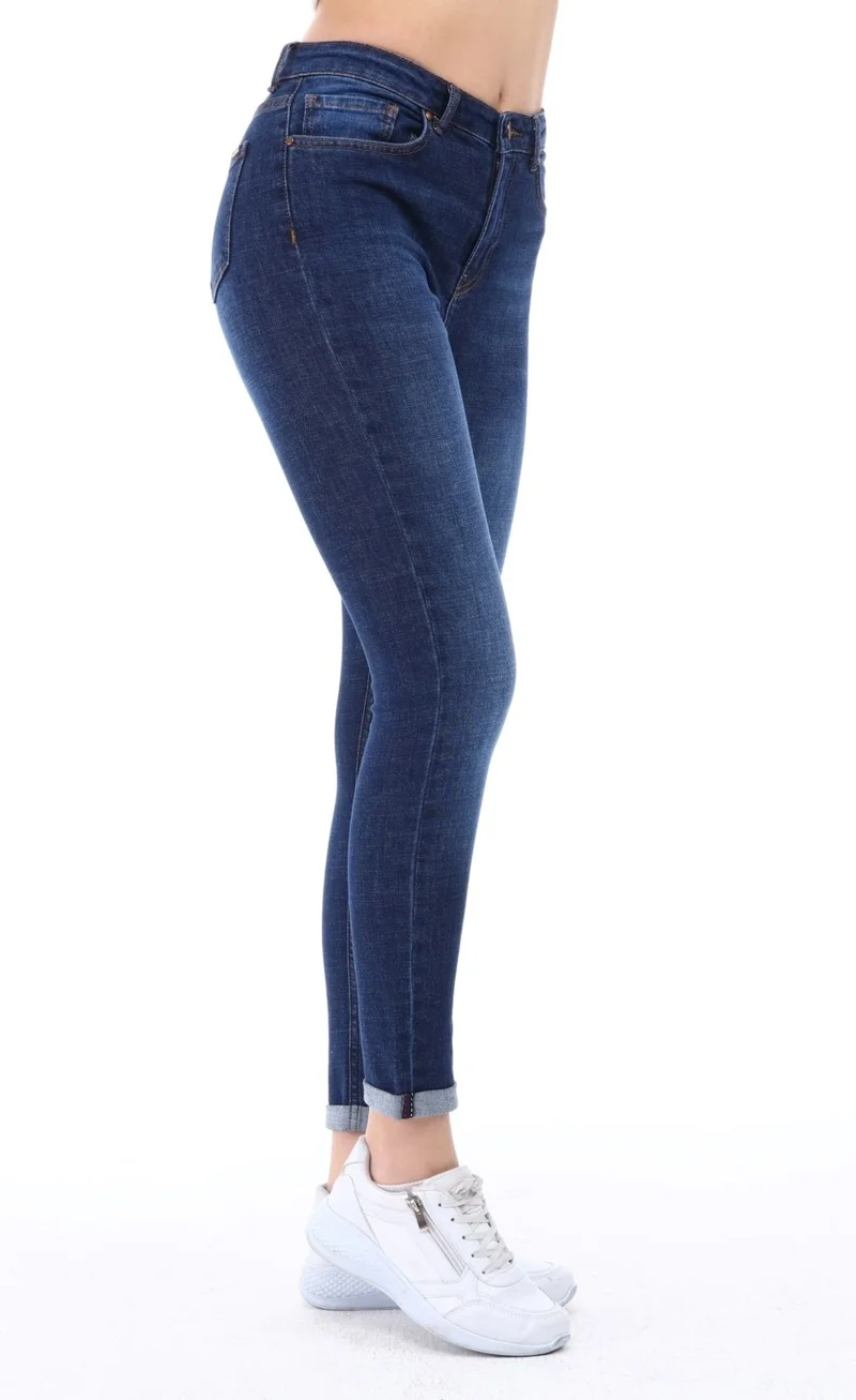 Cedy Denim Women's Light Lycra Skinny Fit Leg Detailed Trousers Viola Navy Blue