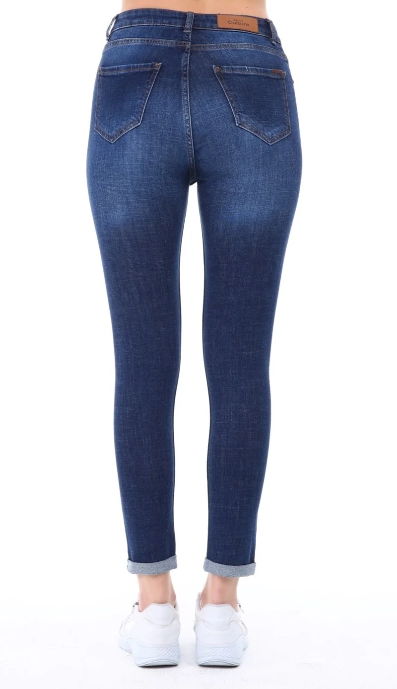 Cedy Denim Women's Light Lycra Skinny Fit Leg Detailed Trousers Viola Navy Blue