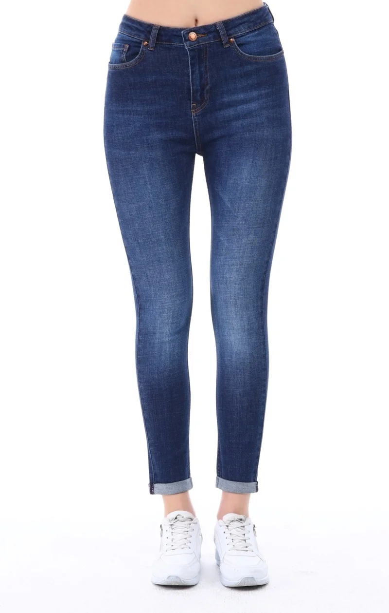 Cedy Denim Women's Light Lycra Skinny Fit Leg Detailed Trousers Viola Navy Blue