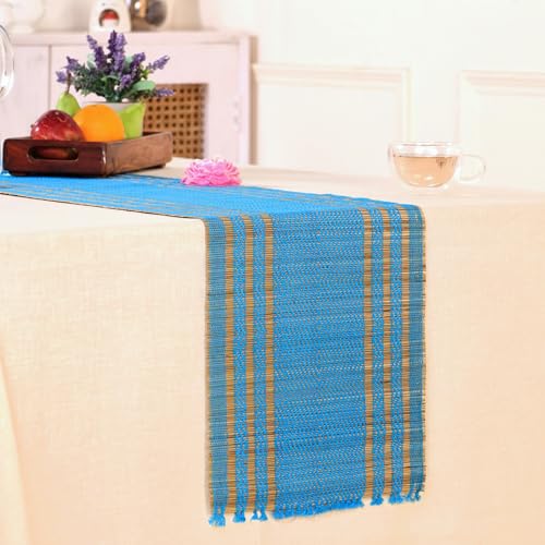 Peepul Tree Handmade Table Runner-4 Seater| Natural Madur Grass Table Runner for Coffee & Centre Table | Non-Slippery | Heat-Resistant |12" x 60"Inch | Blue | Home Decor Gift Items - Image 1