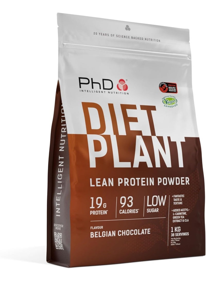 PhD Diet Plant Lean Protein Powder, 19g Protein, 93 Calories, Low Sugar, Belgian Chocolate, 1kg (38 Servings) - Image 1