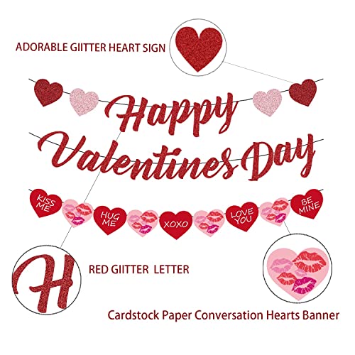 Festiko®Happy Valentines Day Banner, Valentines Day Decoration-Red Pink Glitter, Valentines Day Banner,Conversation Hearts Decor,Hearts Garland Banner, Valentines Garland,Candy Hearts Decorations - Image 2
